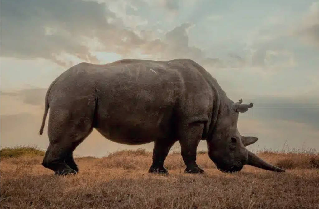 A rhino at sunset